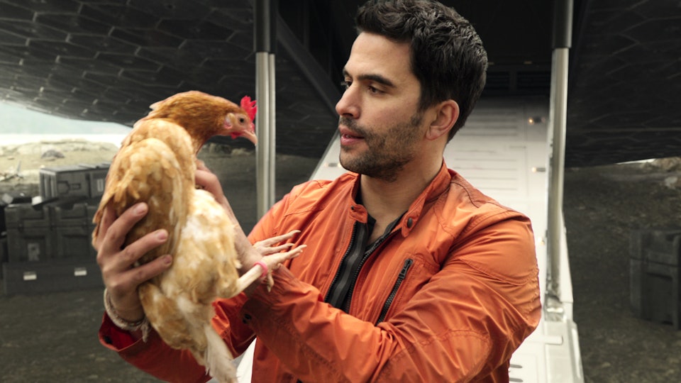 Don West from Lost in Space holding his chicken, Debbie